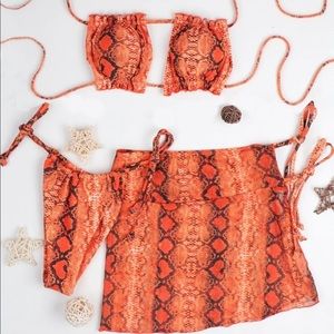 3 piece snakeskin ruched bandeau bikini set